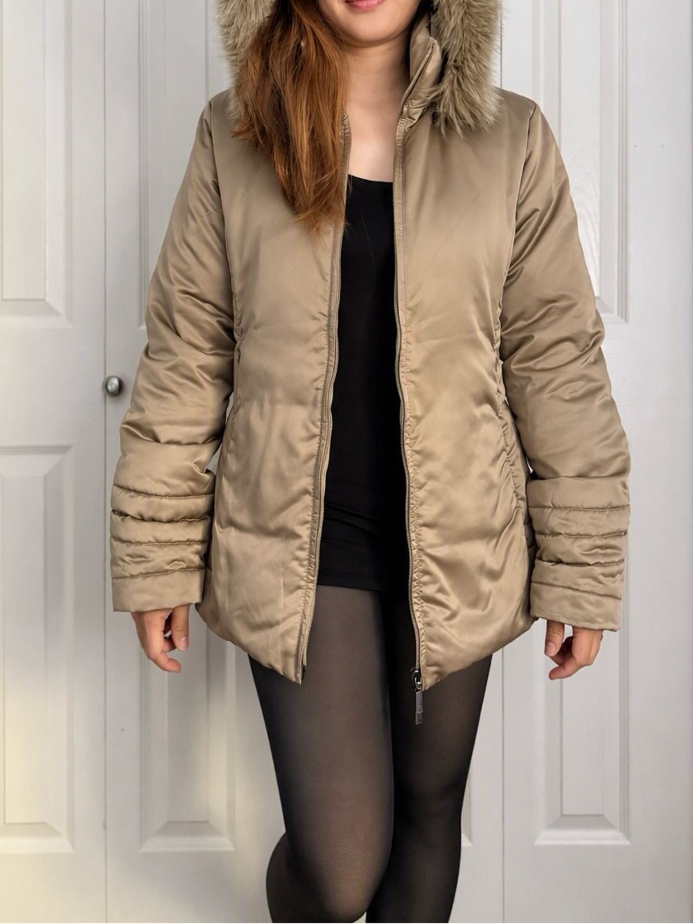 Moncler Women's Down Jacket, Taupe with removable Hood with Faux Fur Trim